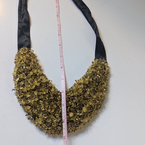 Statement Gold Crystal Bib Necklace Black Ribbon Choker - Picture 9 of 11